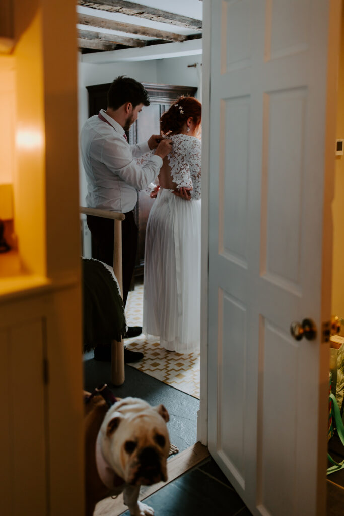 last preps before wedding elopement in Cornwall