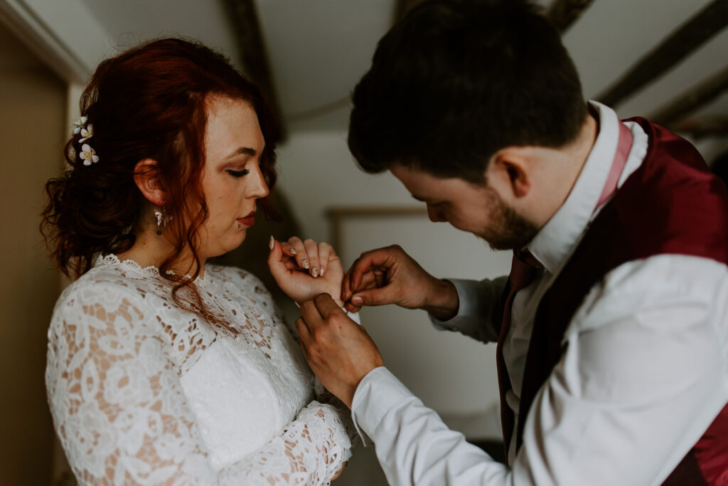 wedding preparations at elopement in Cornwall