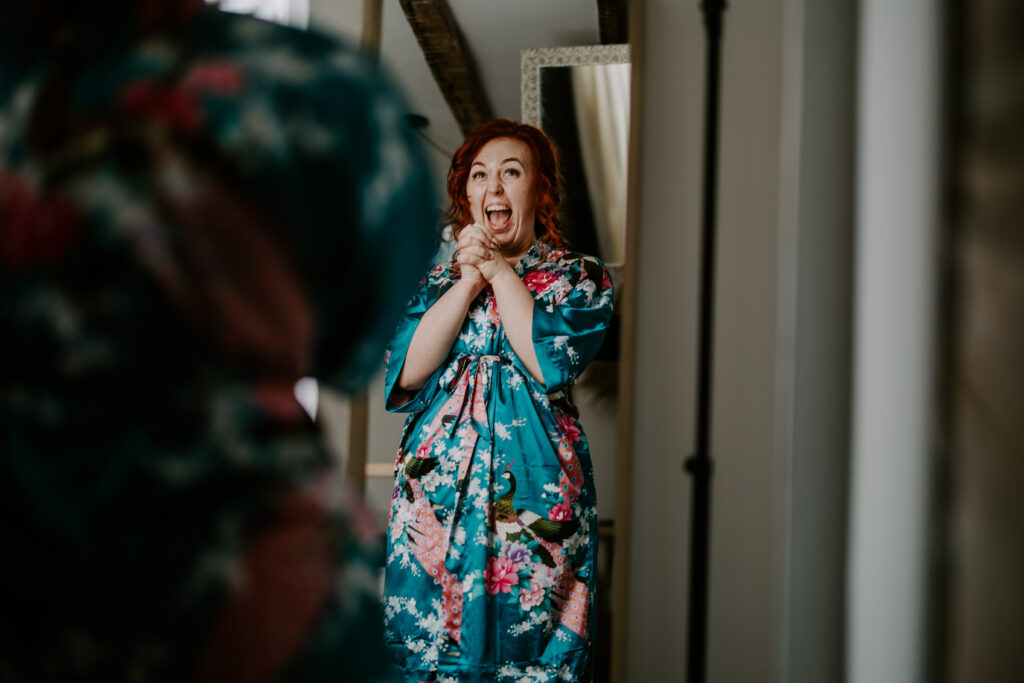 dressing gowned bride
