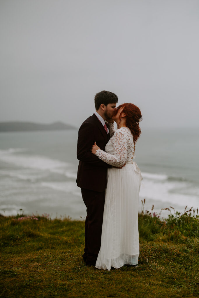 Cornwall beach wedding kiss