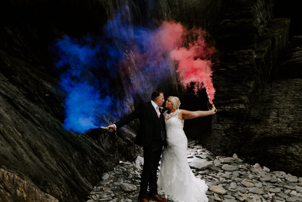 smoke canons at Devon beach wedding
