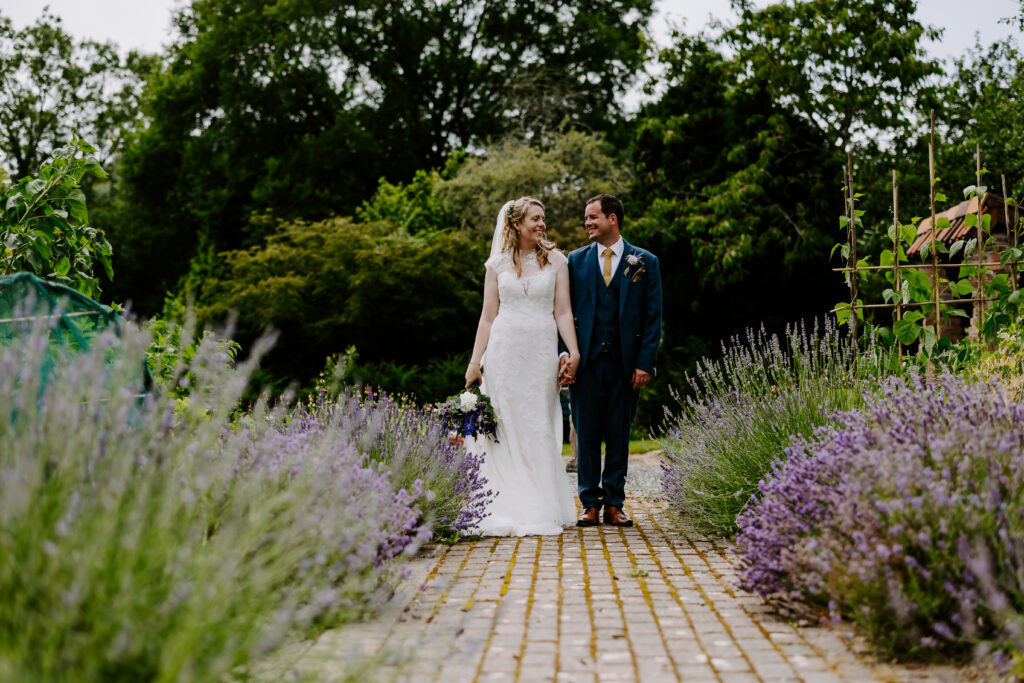 wedding day couple in gardens