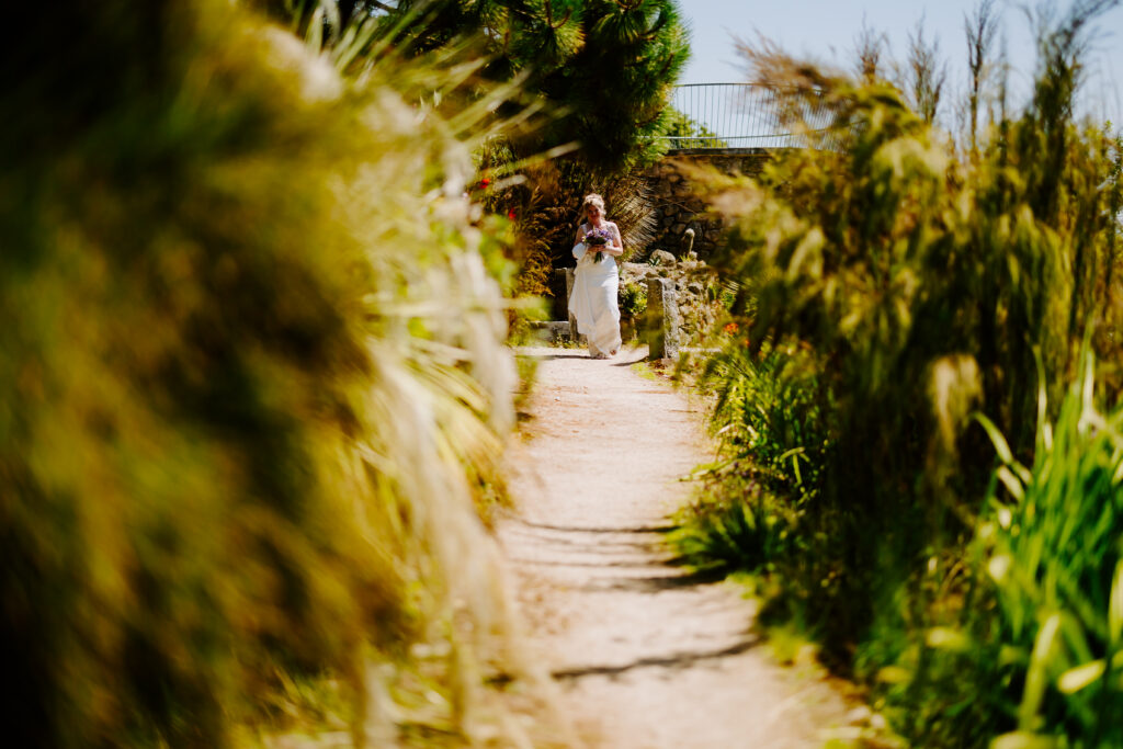 Here comes the bride at elopement wedding in Cornwall